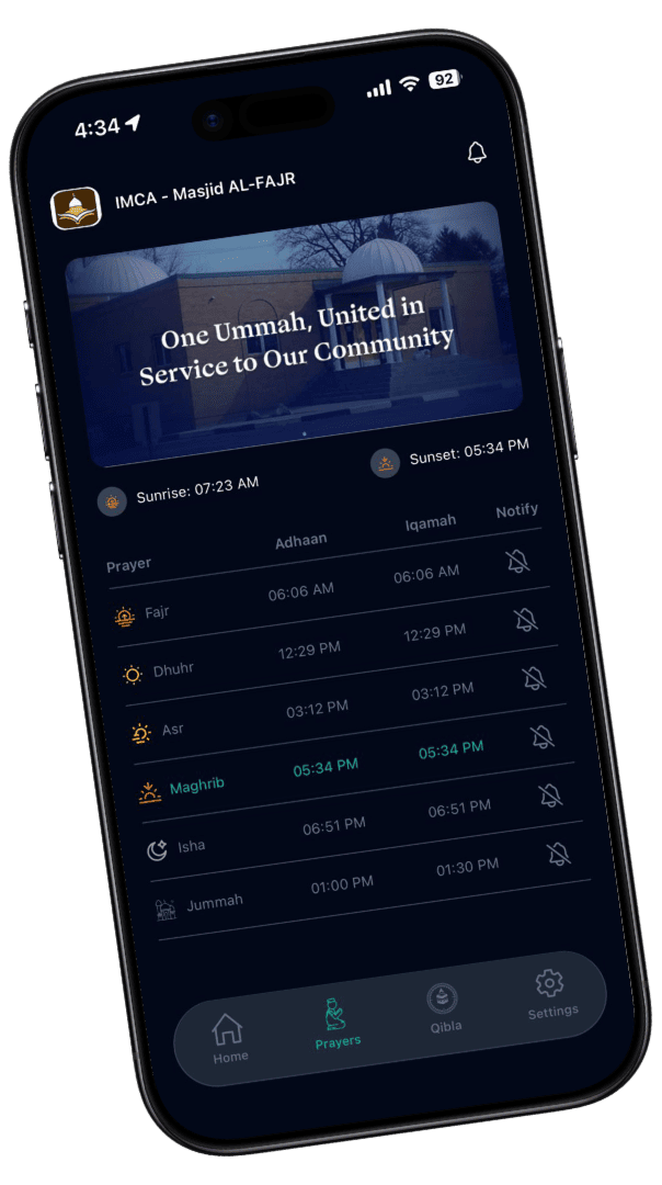 Prayer Times Masjid One App Dark Mode